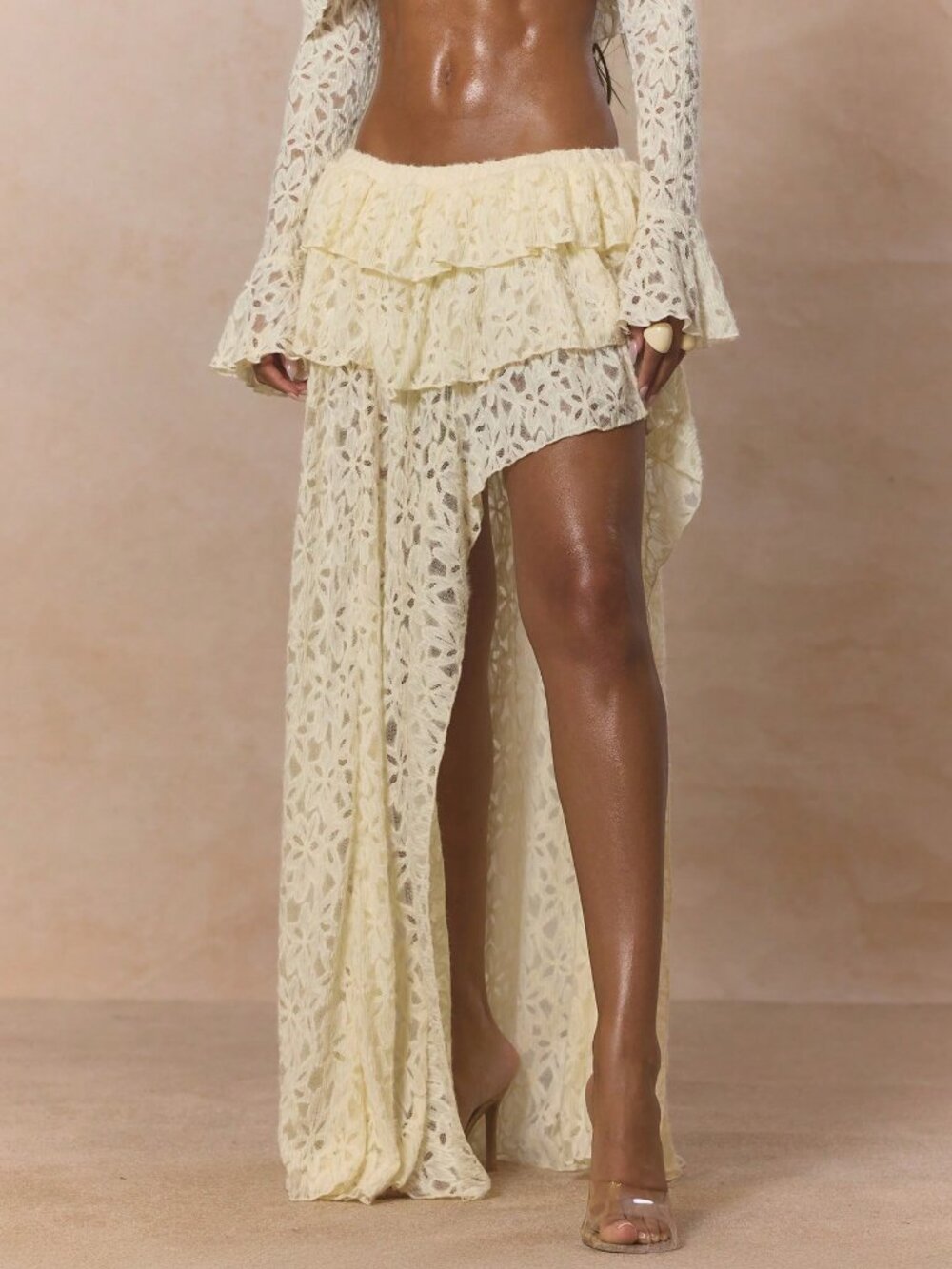 Khaki Cute Women's Lace Tiered Ruffle Asymmetric Split Maxi Floor Length Skirt